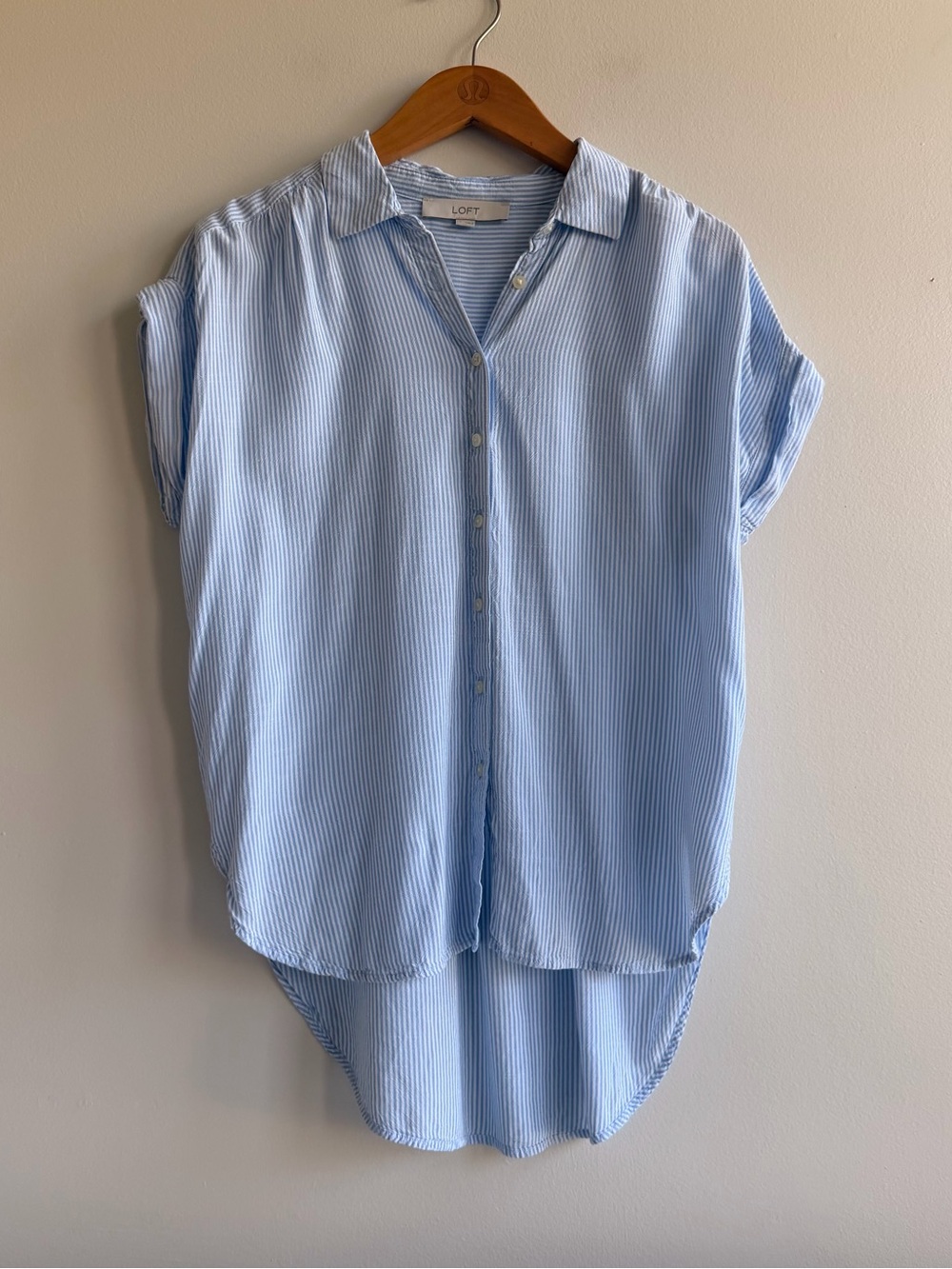 LOFT Blue and White Pinstripe Cap-Sleeve Button-Down Blouse